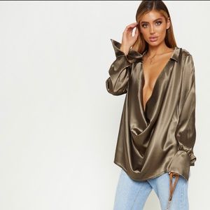 PLT Longline Cowl Neck Satin Shirt Size 4